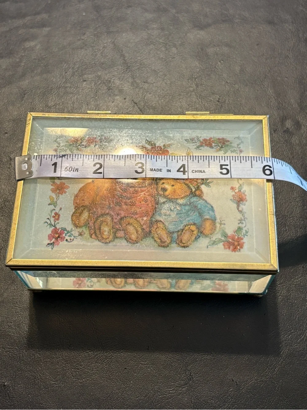Vintage Teddy Bear Musical Jewelry Box Glass Brass Tone Beveled Trinket Box